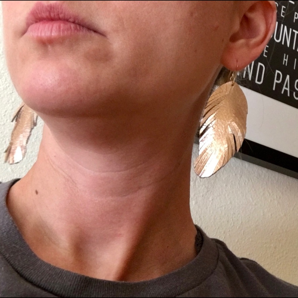 Rose Gold Leather Feather Earrings - Picture 4 of 8